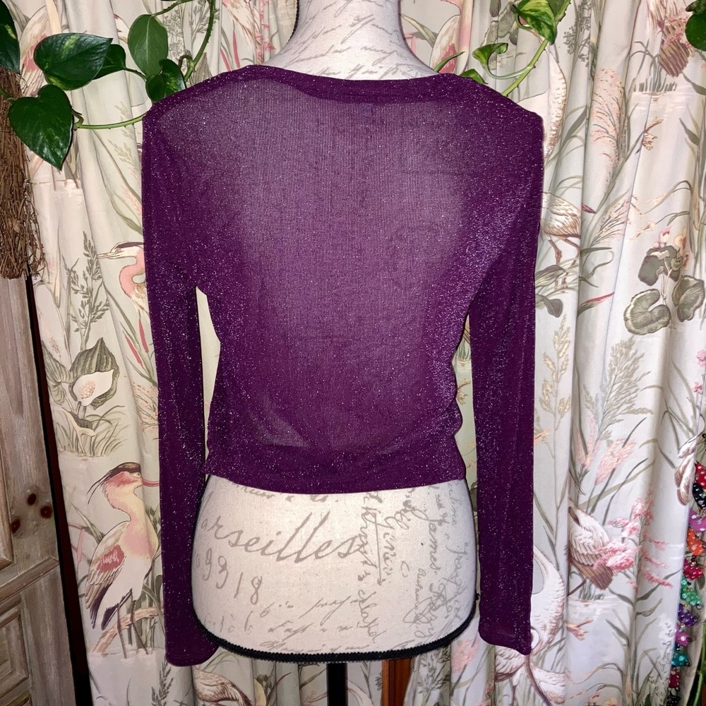 Semi Sheer Sparkle Knot Front Long Sleeve Top Burgundy Party Holiday Night Out - Picture 4 of 8